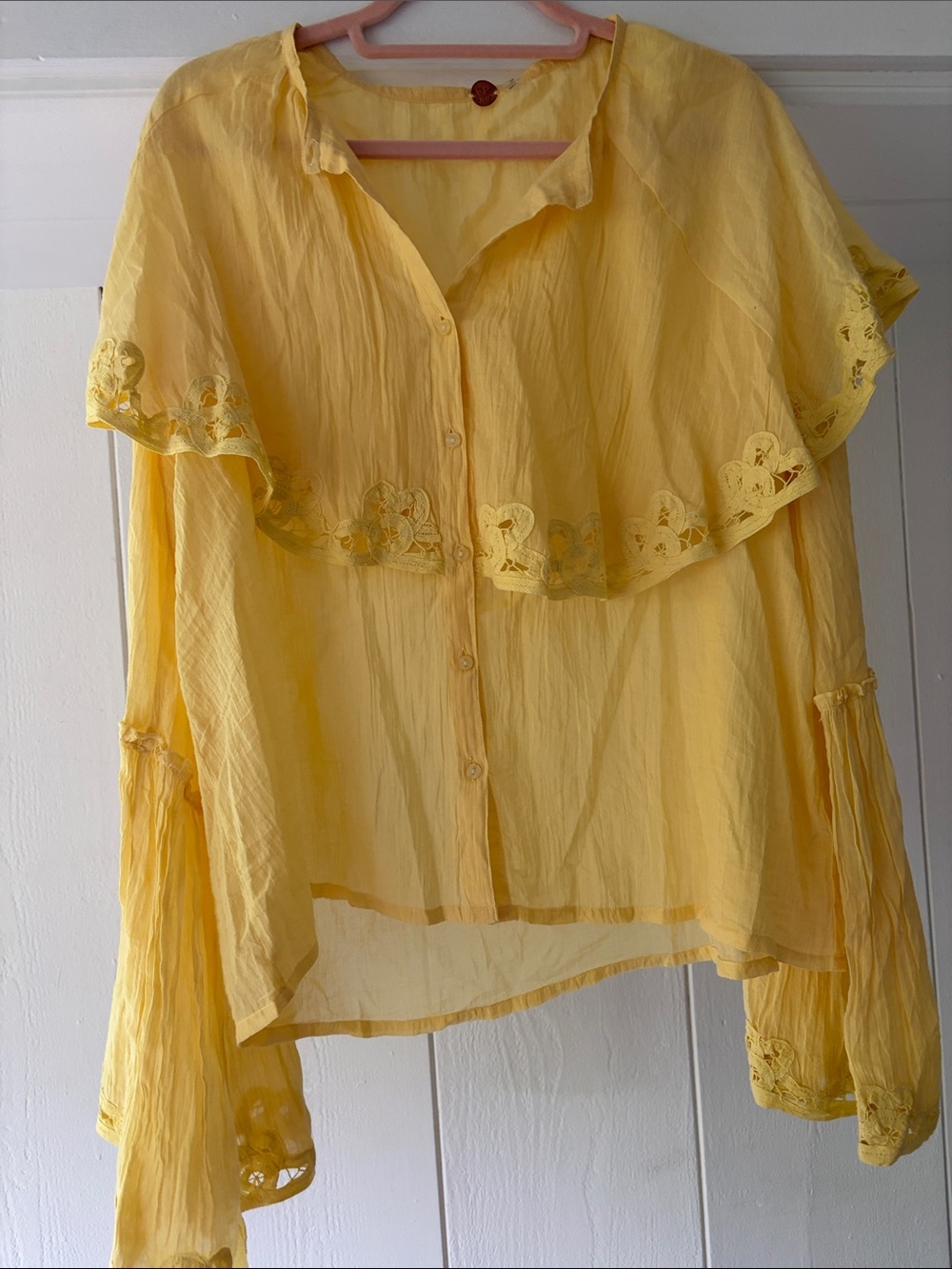Free People Yellow Ruffled Button-Up Blouse - Picture 3 of 8